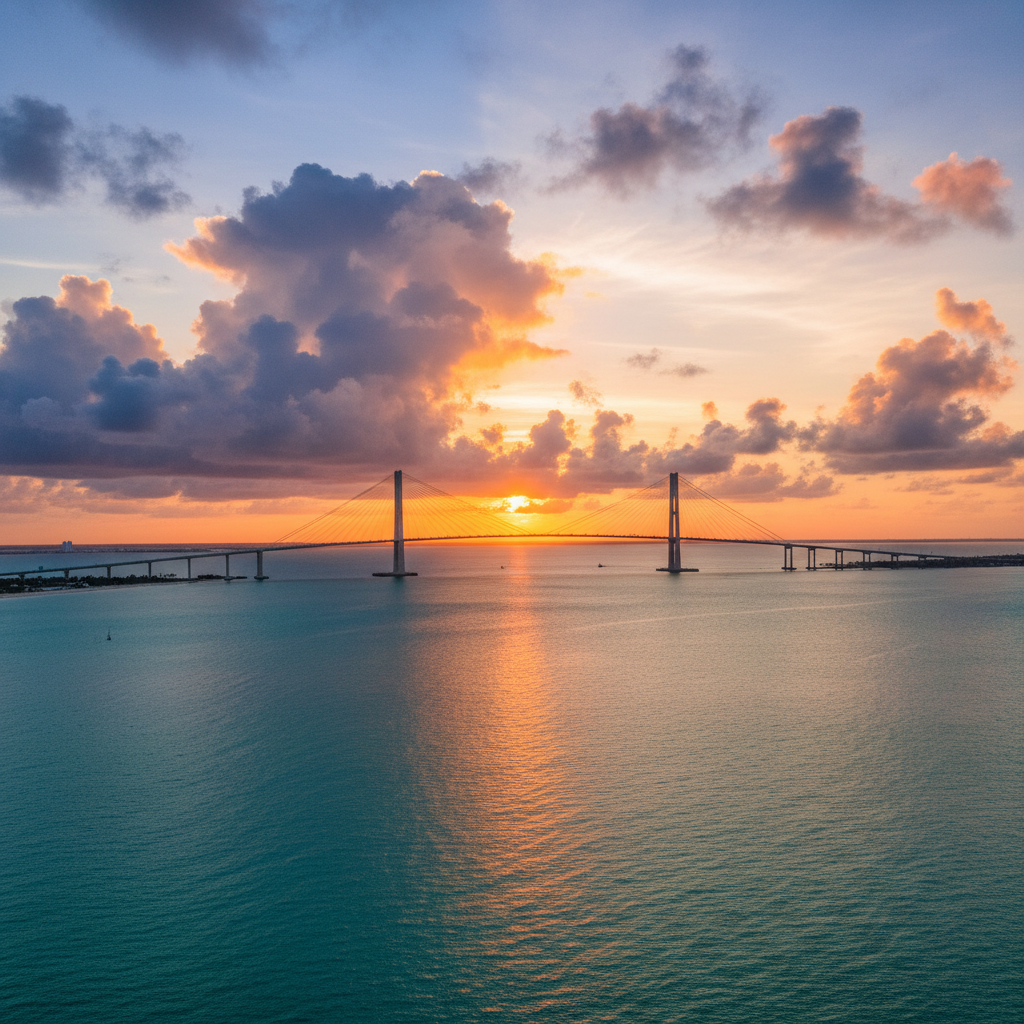 Sunshine Skyway Bridge spanning Tampa Bay at golden hour
