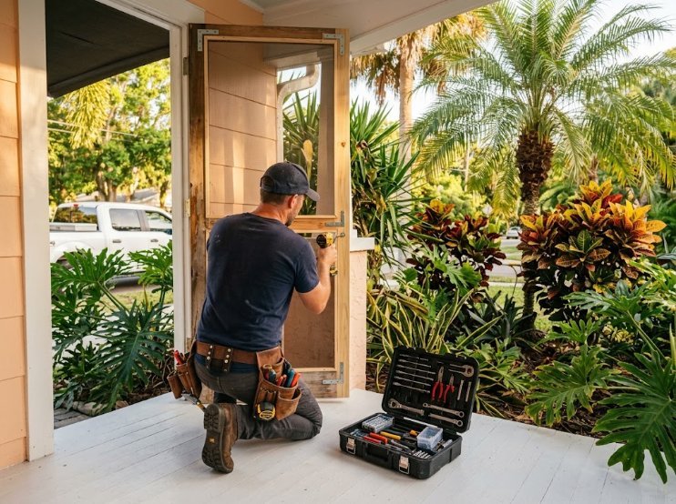 Gabriel repairing a screen door on a St. Petersburg front porch