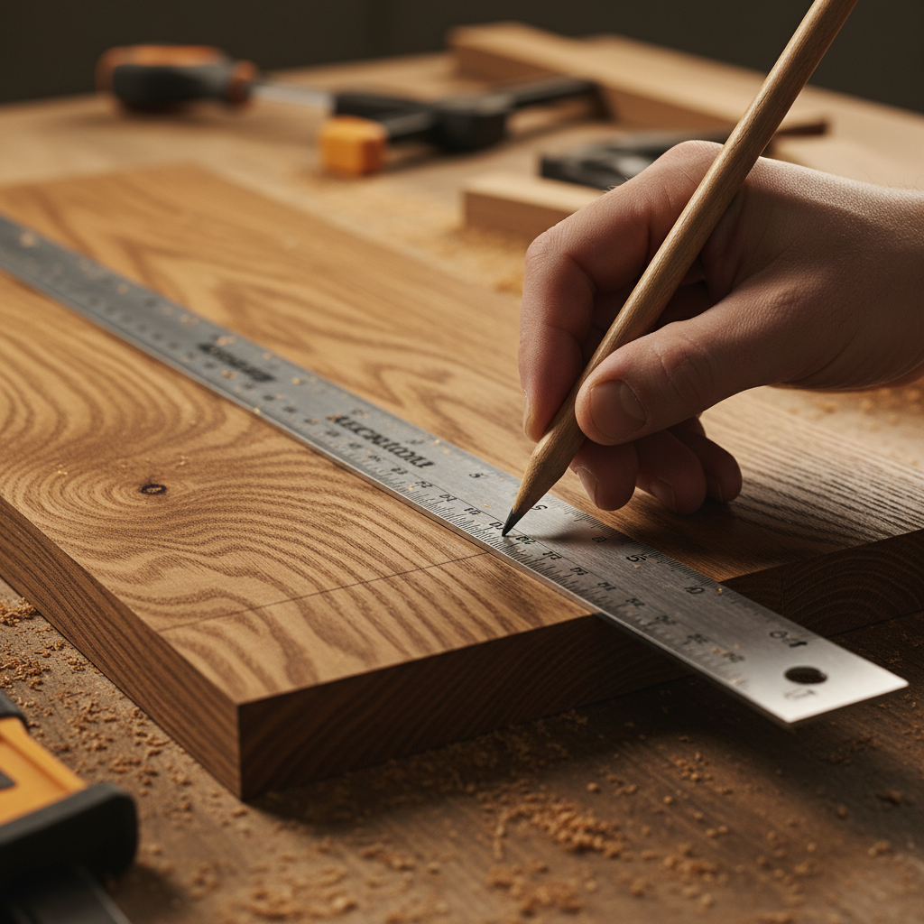 Measuring and marking oak wood for carpentry work