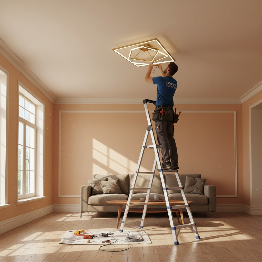 Handyman installing modern ceiling light fixture