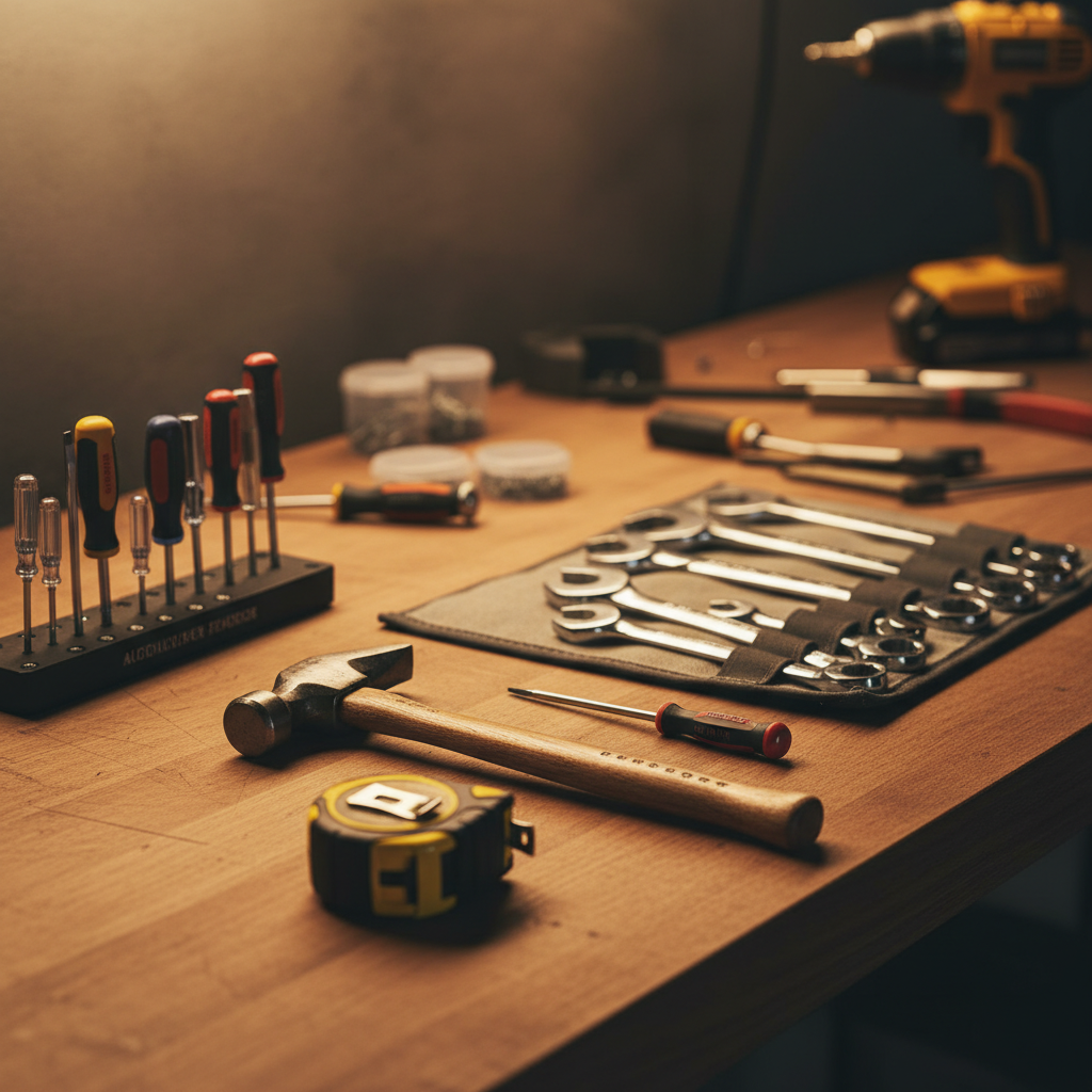 Professional handyman workbench with organized tools