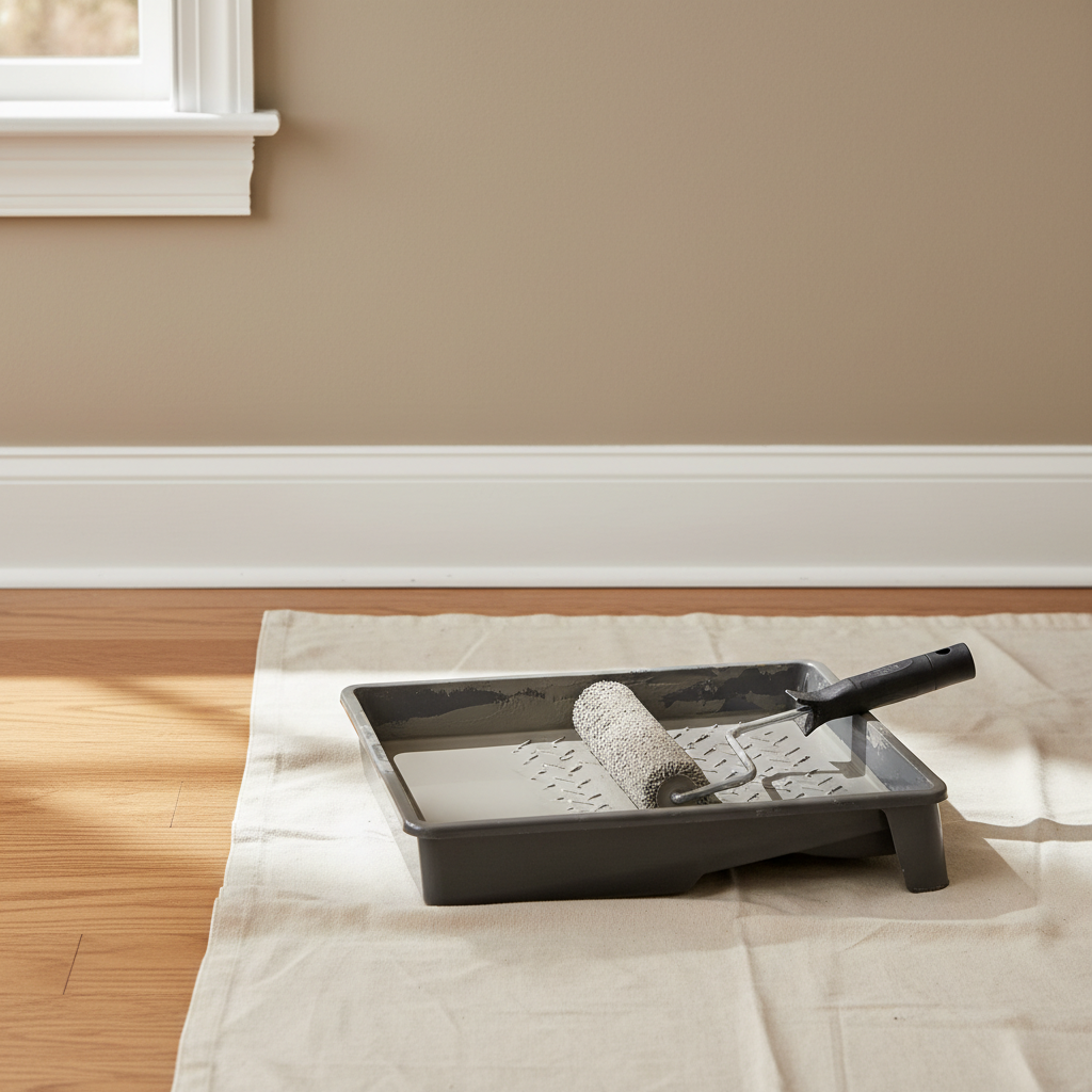 Freshly painted interior wall with paint roller and tray
