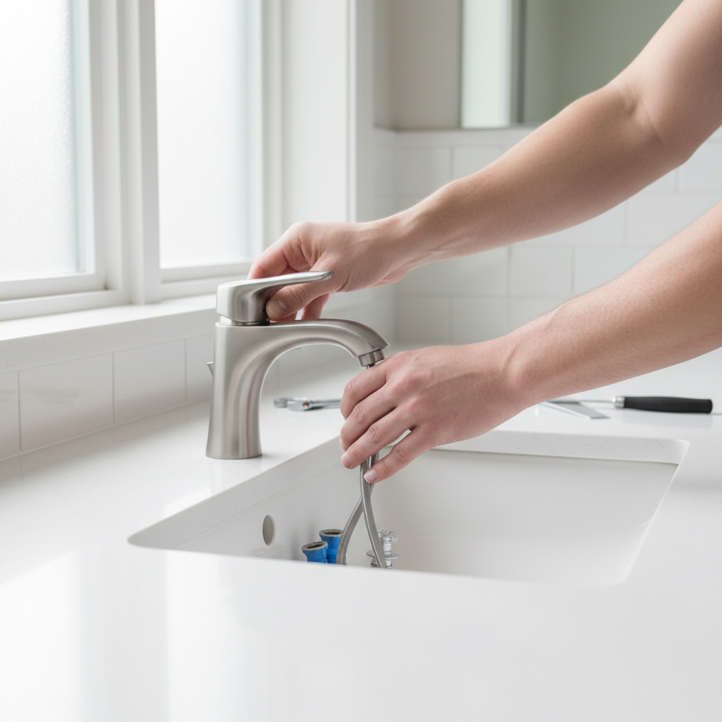 Hands installing modern bathroom faucet on white sink