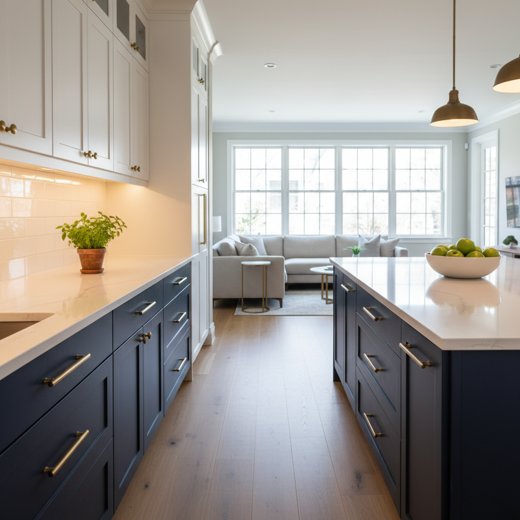 Beautifully renovated modern kitchen with subway tile and quartz counters